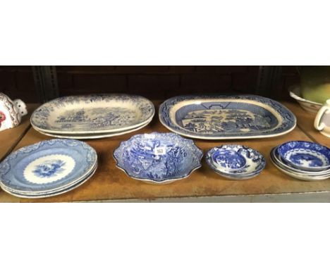 SHELF OF BLUE &amp; WHITE CHINA INCL; MEAT PLATES, BOWLS, PLATED &amp; DISHES