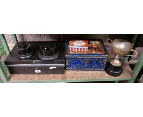 PLATED TROPHY CUP, 2 CUP STANDS &amp; 3 VINTAGE TINS