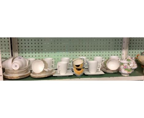 SHELF OF VARIOUS CUPS &amp; SAUCERS INCL; ROYAL ALBERT, POOLE, DUCHESS ETC