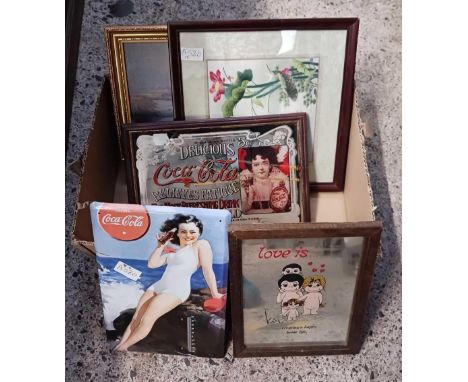 CARTON WITH MODERN COCA-COLA THERMOMETER TIN SIGN, MIRRORED COCA-COLA SIGN &amp; 1 OTHER &amp; 2 PICTURES