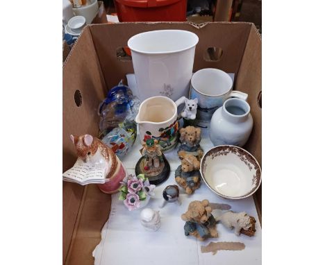 BOX OF ASSORTED CHINA INCL; A POOLE VASE, AN RAF TANKARD, GLASS ORNAMENTS &amp; BEAR FIGURINES