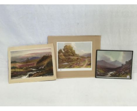 3 VIEWS OF DARTMOOR.  ONE ORIGINAL WATERCOLOUR BY R HEXT DARTMOOR CADOVER BRIDGE NEAR SHEEP'S TOR, SIGNED & DATED 1944 UNFRAM