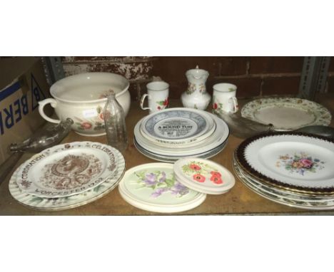 SHELF WITH MISC CHINAWARE INCL; CHAMBER POT, COMMEMORATIVE PLATES &amp; GLASS CODD BOTTLES