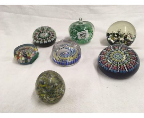 SHELF WITH 7 MILLEFIORA GLASS PAPERWEIGHTS