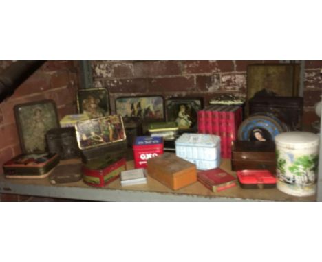 SHELF OF MISC VINTAGE TIN CANS
