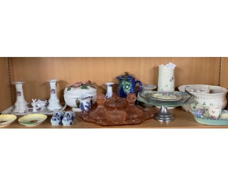 SHELF OF CHINA POTTERY &amp; GLASS INCL; CARLTON WARE, SHELLEY, BELLEEK ETC