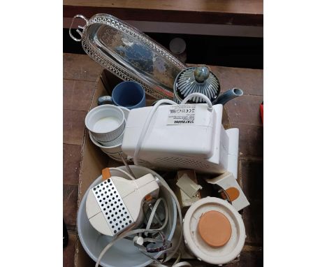 CARTON WITH SMALL ELECTRIC HEATER, VINTAGE FOOD MIXER (NOT KNOWN IF COMPLETE), OVAL METAL TRAY, COFFEE POT &amp; CHINA POTS