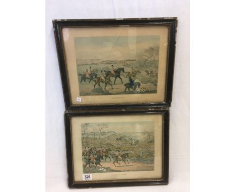 PAIR OF ALKEN HUNTING PRINTS. PLATE 1 THE MEETING, PLATE 2 BREAKING COVER. HAND COLOURED AND PUBLISHED IN 1841, APPROX. 11” X
