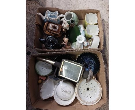 2 CARTONS WITH TEAPOTS, ONE WITH CHIPPED LID, VASES, FIGURINES, CARNIVAL DISHES &amp; A MODERN COACHING LAMP &amp; OTHER CHIN