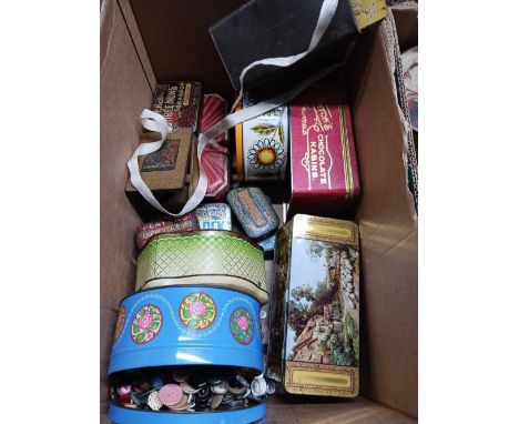2 CARTONS OF VINTAGE TINS CONTAINING BUTTONS, HOOKS, PLASTERS, CURTAIN RINGS &amp; OTHER BRIC-A-BRAC