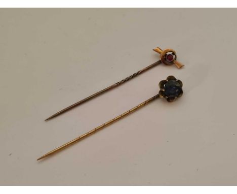 2 9ct GOLD STICK PINS, 1 SAPPHIRE &amp; 1 RUBY