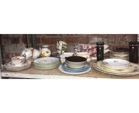 SHELF OF MISC CHINAWARE, PLATES, CUPS &amp; SAUCERS BY AYNSLEY, SIDE PLATES BY ROYAL DOULTON, APRIL &amp; OTHER PLATES &amp; 