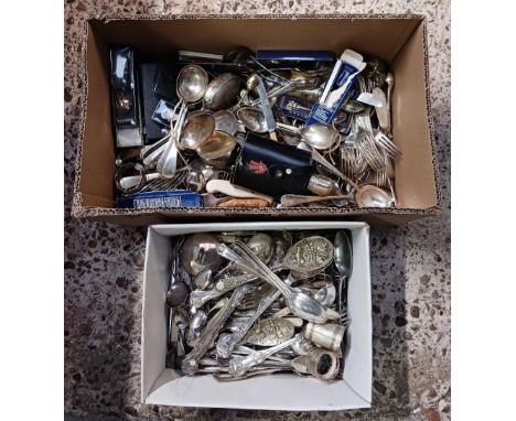 2 CARTONS OF MISC CUTLERY INCL; SOUVENIR SPOONS &amp; A HIP FLASK