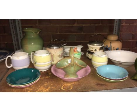 SHELF WITH MISC CHINA INCL; BOWLS BY MEAKIN, POSY HOLDER BY SYLVAC &amp; JUGS BY SADLER