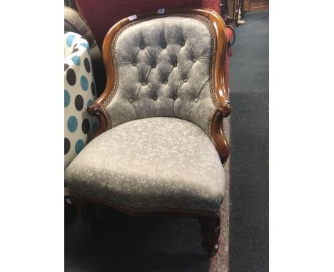 MAHOGANY FRAMED &amp; UPHOLSTERED BUTTON BACK CHAIR