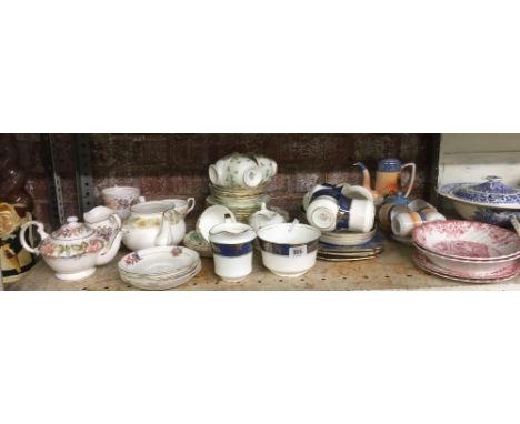 SHELF WITH AYNSLEY CUPS, SAUCERS &amp; PLATES, OLD ROYAL CHINA, BOWLS BY JOHNSON BROS. CUPS &amp; SAUCERS BY PARAGON