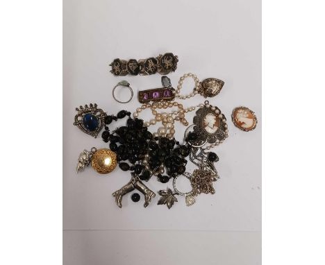 BAG WITH MISC SILVER CHAINS, CAMEO BROOCHES, SILVER TIE BRACELET &amp; A GOLD COLOURED PENDANT