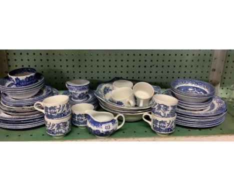 SHELF OF BLUE &amp; WHITE CHINA INCL; PART DINNER &amp; TEA SERVICE, FRUIT BOWLS ETC