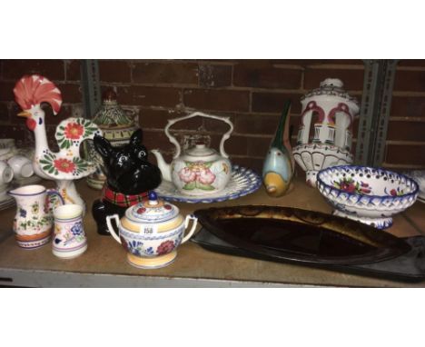 SHELF WITH MISC CHINAWARE INCL; A SCOTTY DOG, BISCUIT BARREL, TEA POTS, EARTHEN WARE FISH &amp; OTHER CHINA