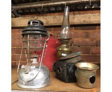 VINTAGE TILLY LAMP, RED PAINTED PETROL CAN, OIL LAMP WITH DOUBLE BURNER, AN A/F COACHING LAMP ALL IN A/F CONDITION