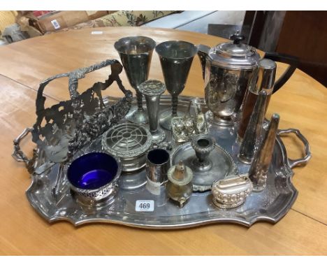 TRAY OF PLATEDWARE INCL; GALLERY TRAY, WINE POURER, NIGHT STICK ETC