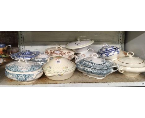 SHELF OF VARIOUS SERVING BOWLS &amp; SOUP TUREENS
