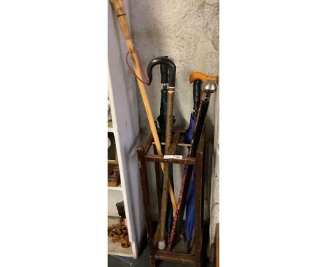 VINTAGE OAK STICK STAND WITH WALKING STICKS &amp; UMBRELLA'S