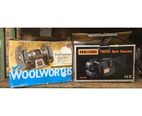 WOOLWORTHS 150 W BENCH GRINDER NEW IN BOX &amp; A CHALLENGE 730 W BELT SANDER