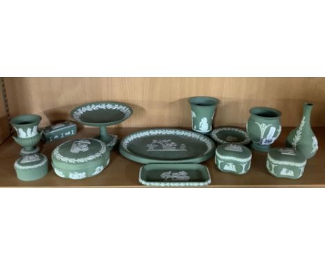 SHELF OF 13 WEDGWOOD  GREEN JASPER WARE ORNAMENTS ETC