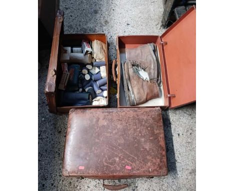 3 VINTAGE SUITCASES, 1 EMPTY, 1 CONTAINING VINTAGE SKI BOOTS & THE OTHER CONTAINING MISC BANDAGES, SOME MARKED ST.  JOHNS AMB