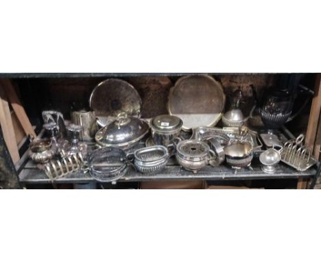 SHELF WITH LARGE QTY OF PLATED ITEMS INCL, TUREENS, HOT WATER JUGS, TEA POTS, TOAST RACKS