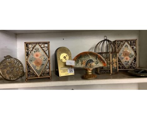 SHELF OF ORNAMENTS INCL; BAROMETER, CANDLE HOLDERS ETC