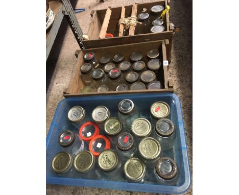 3 CARTONS OF VINTAGE KILNER JARS IN PLASTIC &amp; WOOD CRATES