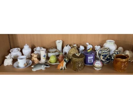 SHELF OF BONE CHINA FIGURINES, HONEY POTS, JUGS ETC
