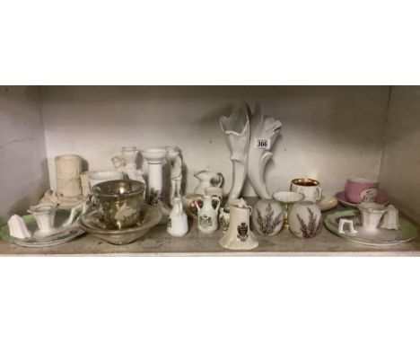 SMALL SHELF OF CRESTED WARE, CANDLE NIGHT LIGHTS ETC