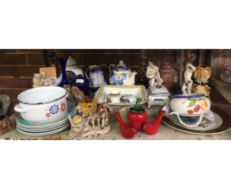 SHELF OF MIXED CHINAWARE INCL; GINGER POT, TEA POT, JUG, VASES, HONEY POTS, FIGURINES