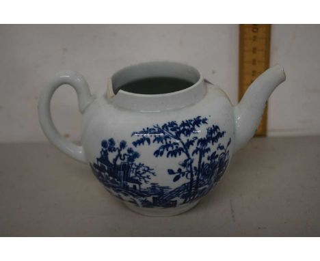 19th Century English blue and white teapot decorated with a Chinese fence design, lacking lid (a/f)