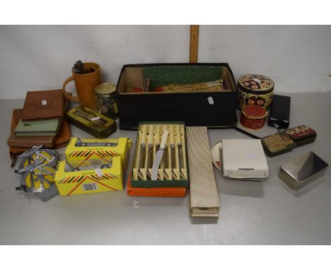 Mixed Lot: Child's model castle, vintage AA badges, model cars, cased cutlery, leather wallets etc