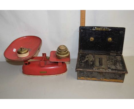 Vintage scales and weights, cash tin and a vintage brass switch