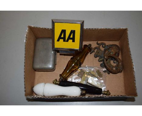 Box of mixed items to include AA badge, vintage toilet pull etc