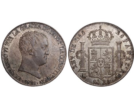 World Coins, Spain, Ferdinand VII, 20 reales de Vellon, 1821SR, Madrid, bare head r., rev. crowned shield of arms between pil