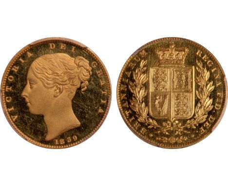 British Coins, Victoria, proof sovereign, 1839, plain edge, struck en médaille, young head l., rev. crowned shield of arms wi