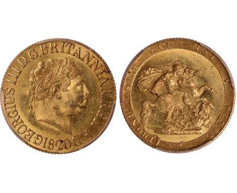 British Coins, George III, sovereign, 1820, large date, open 2, laur. head r., rev. St. George and the dragon (S.3785C), cert