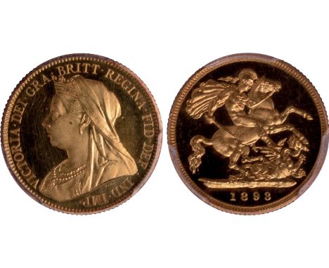 British Coins, Victoria, proof half sovereign, 1893, milled edge, veiled bust l., rev. St. George and the dragon (S.3878; W&a