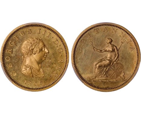 British Coins, George III, gilt proof halfpenny, 1806, laur. and dr. bust r., rev. Britannia std. l., holding trident and oli