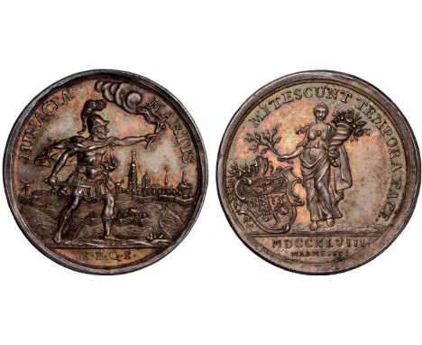 Commemorative Medals, Netherlands, the Peace Treaty of Aix-la-Chapelle Concluded, silver medal, 1748, by J. C. Marmé, Mars wi