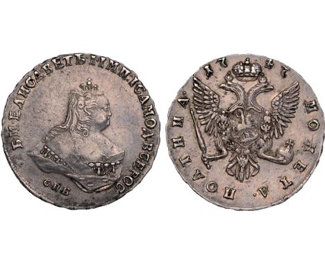 World Coins, Russia, Elizabeth, poltina (half rouble), 1747, St. Petersburg, bust r., rev. crowned double-headed eagle (KM.C1