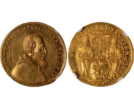 World Coins, Austria, Salzburg, Markus Sittikus von Hohenems, 4 ducats, 1616, tonsured and bearded bust r. in cloak, rev. two