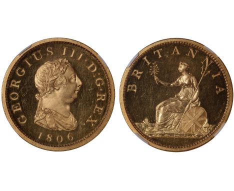 British Coins, George III, proof penny, 1806, in gilt copper, laur. bust r., rev. Britannia std. l., holding trident and oliv