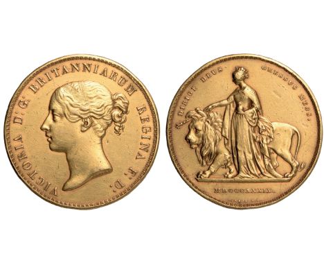 British Coins, Victoria, proof five pounds, 1839, by William Wyon, ‘Una and the Lion’, raised lettered edge, young head l., r